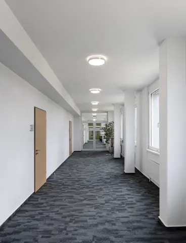 A corridor in an administrative building with ceiling lights