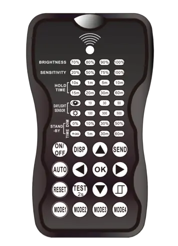 Illustration d'une télécommande multifonctionnelle pour systèmes d'éclairage avec différentes possibilités de réglage, dont la luminosité, la sensibilité, le temps de maintien et le capteur de lumière du jour. Les touches sont clairement étiquetées, y compris On/Off, Auto, Reset, et sélection de mode.