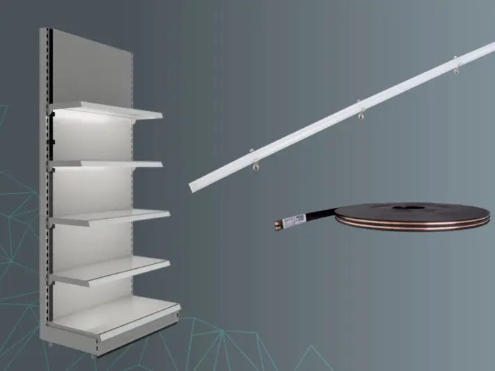Darstellung verschiedener Beleuchtungslösungen, darunter ein Regal mit integrierter Beleuchtung, eine LED-Leiste und eine Rolle LED-Streifen auf grauem Hintergrund.