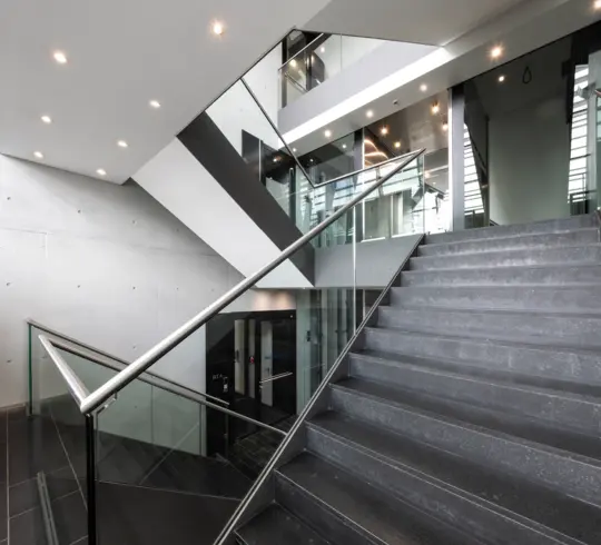 A staircase in a modern office block