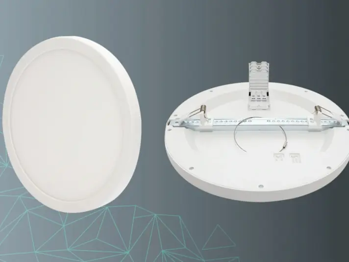 Runde LED-Deckenleuchte von vorne und hinten, mit Befestigungselementen und Anschlussklemmen sichtbar.