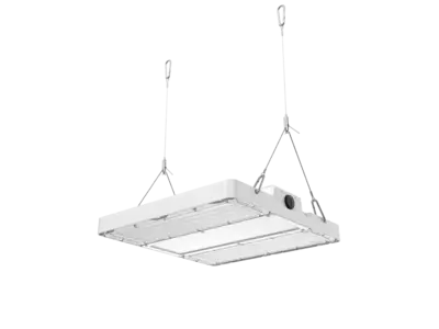 Plafonnier industriel à LED noir avec boîtier robuste et support circulaire, idéal pour les grandes pièces ou les entrepôts.