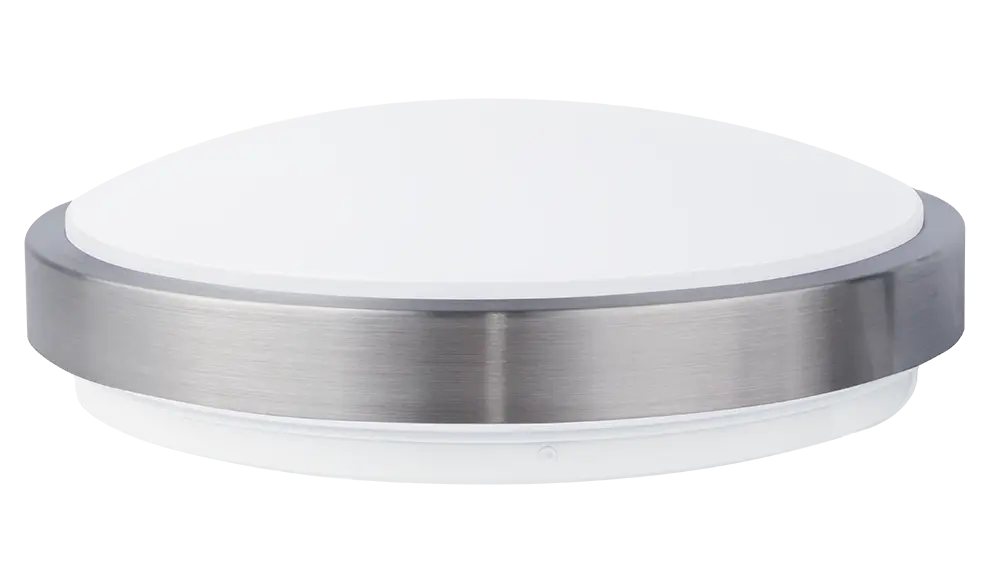 A white, round ceiling light