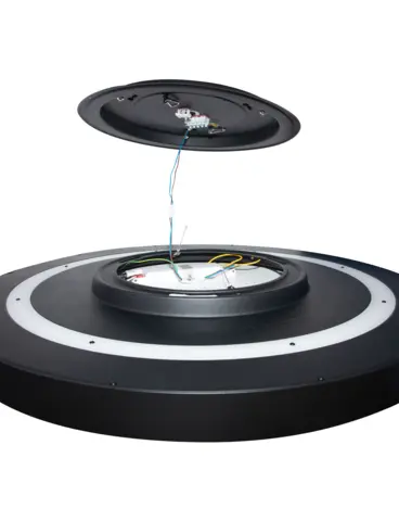 A black, round surface-mounted light fitting where you can see the connection