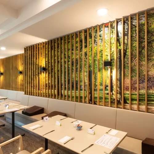 A panel wall in a cafeteria