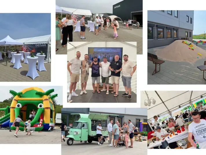 Collage von Fotos eines Sommerfests bei DOTLUX mit Gästen, Essensständen, einem Sandspielbereich, einer Hüpfburg und einem großen Veranstaltungszelt.