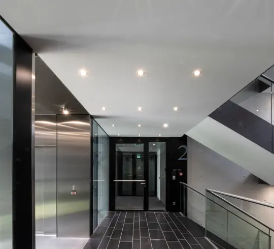 A staircase in a modern office block