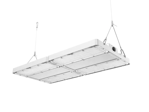 Plafonnier industriel à LED noir avec boîtier robuste et support circulaire, idéal pour les grandes pièces ou les entrepôts.