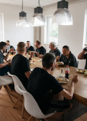 Eine Gruppe von Personen sitzt in einem hell beleuchteten Raum an einem großen Holztisch und genießt eine Mahlzeit. Der Raum hat moderne Hängelampen und weiße Stühle. Im Hintergrund stehen weitere Personen, einige befinden sich draußen vor einer offenen Tür.