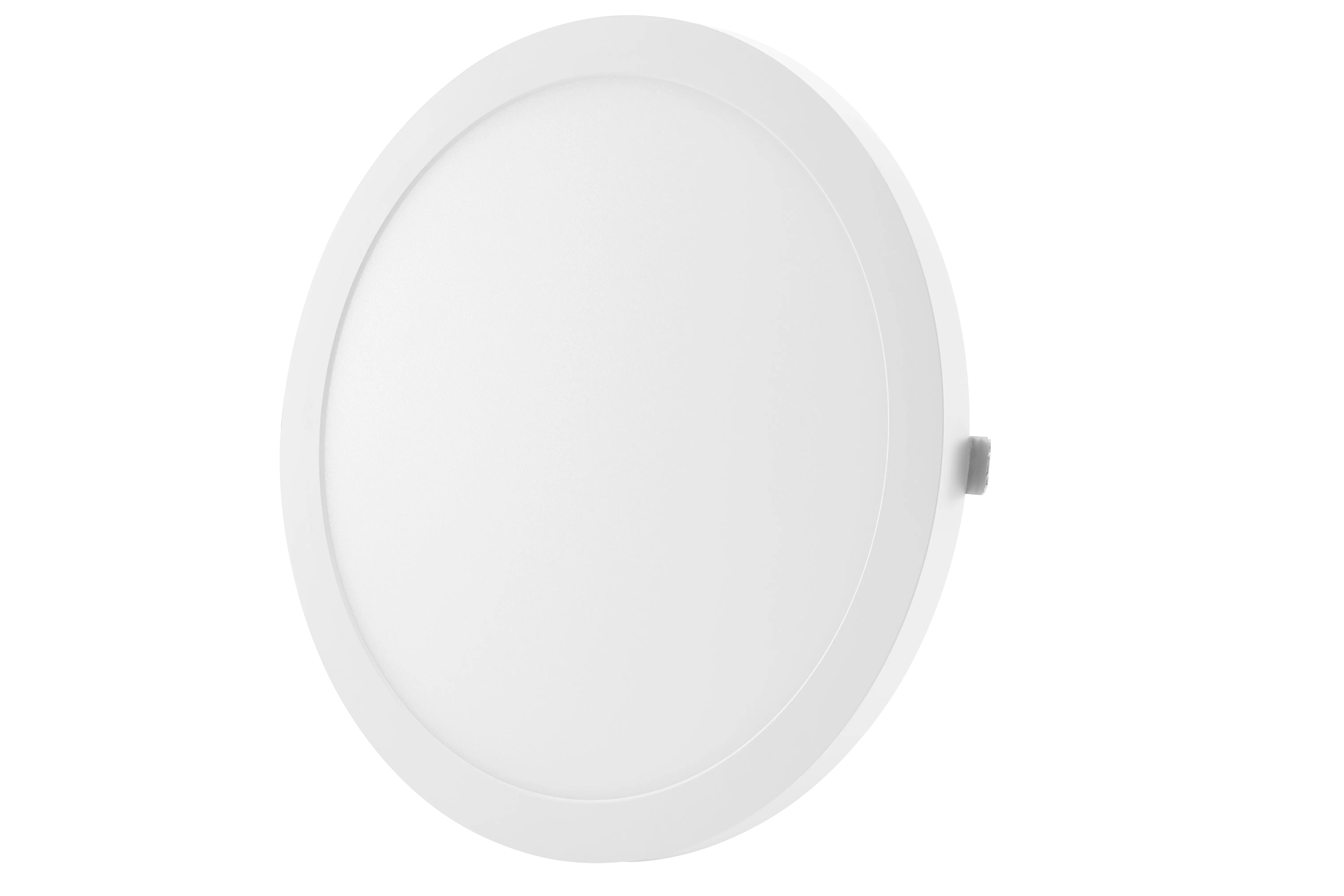 A white, round ceiling light