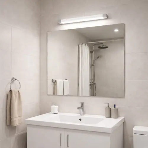 A washbasin with a mirror above it. A bright wall light hangs above the mirror.