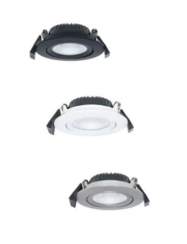 Three recessed lights: one black, one white and one silver