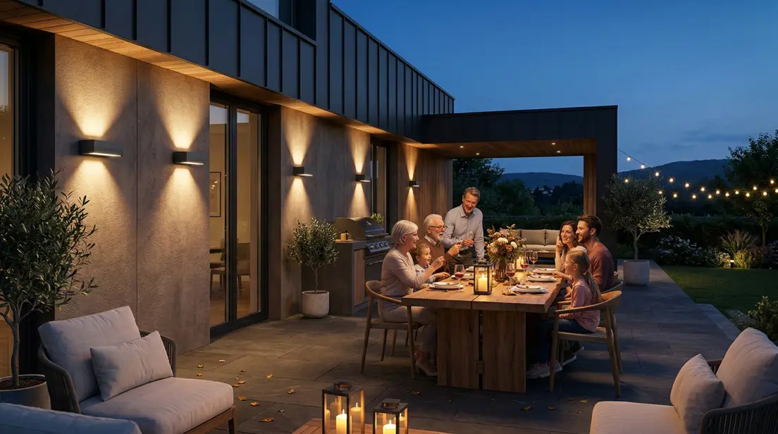 BRICK an einer Terassenwand bei einer Familienfeier im Sommer